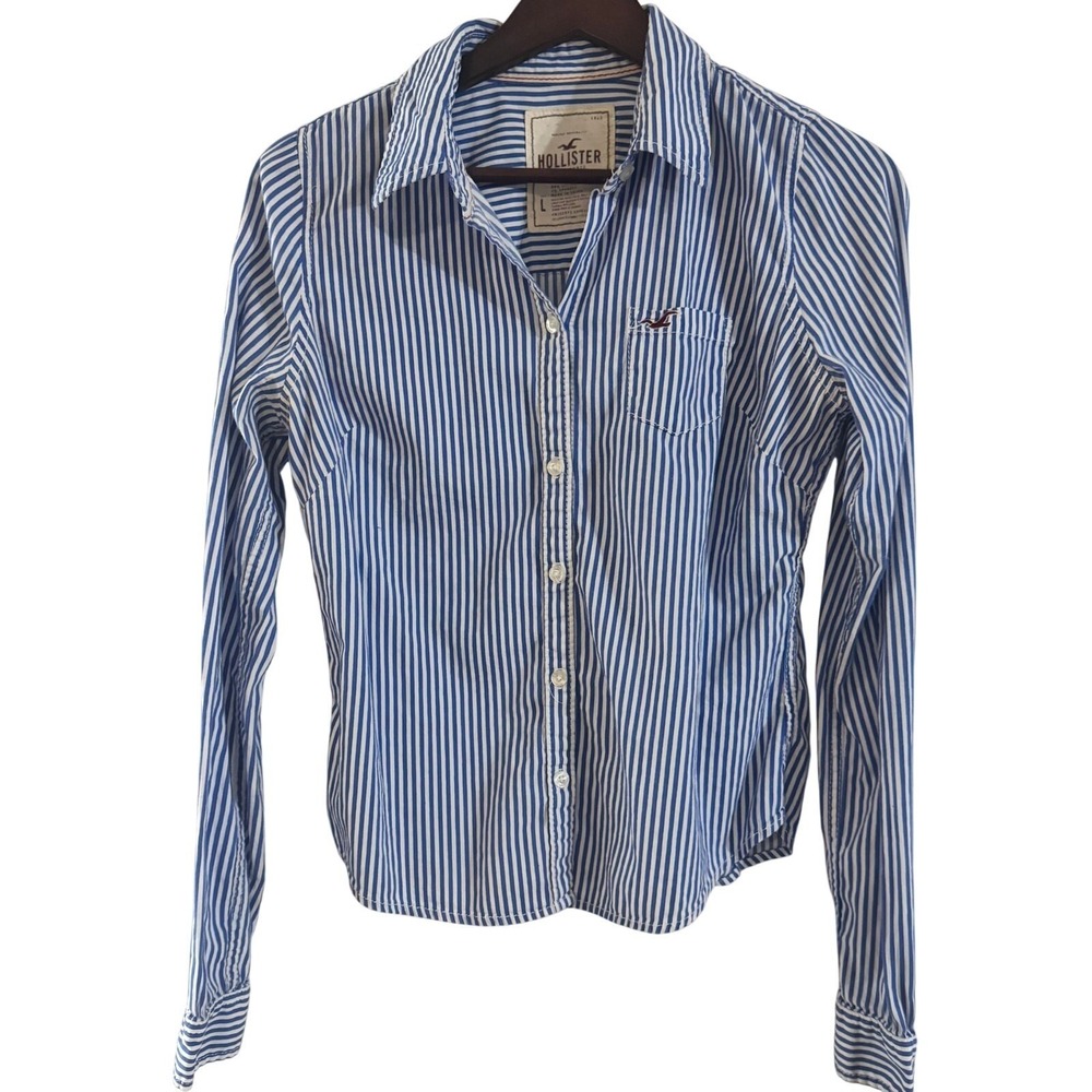 Hollister Mens Y2K Preppy Striped Long Sleeve Button Down Shirt Frat Logo